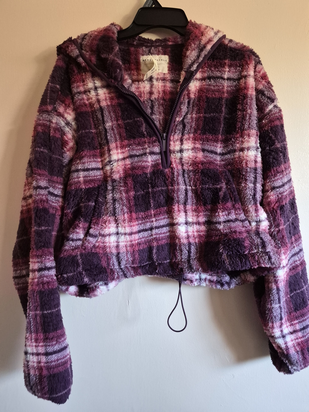 Aeropostale Plush Plaid Half-Zip Hoodie Jacket - Purple & Pink Size XL